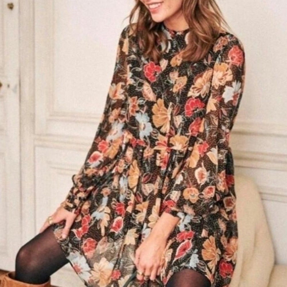 Sézane Odile Chiffon Floral Mini Dress 40 Brown Ruffle Boho Parisian Cottage